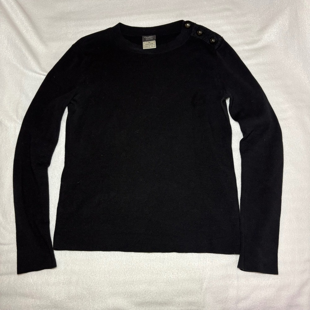 Chanel Uniform Black Long Sleeve CC Button Shoulder Sweater 19P U04002 K07886 M